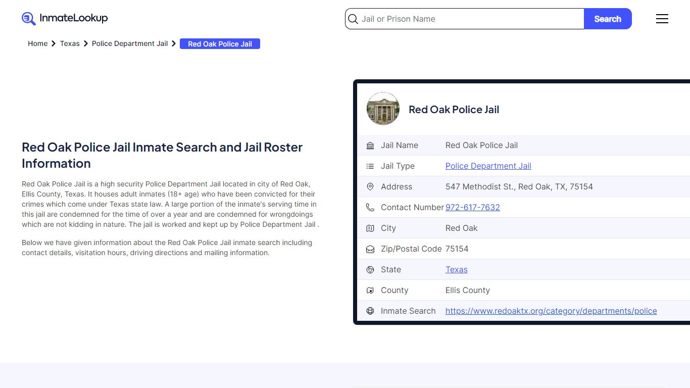 Red Oak Police Jail Inmate Search and Jail Roster Information